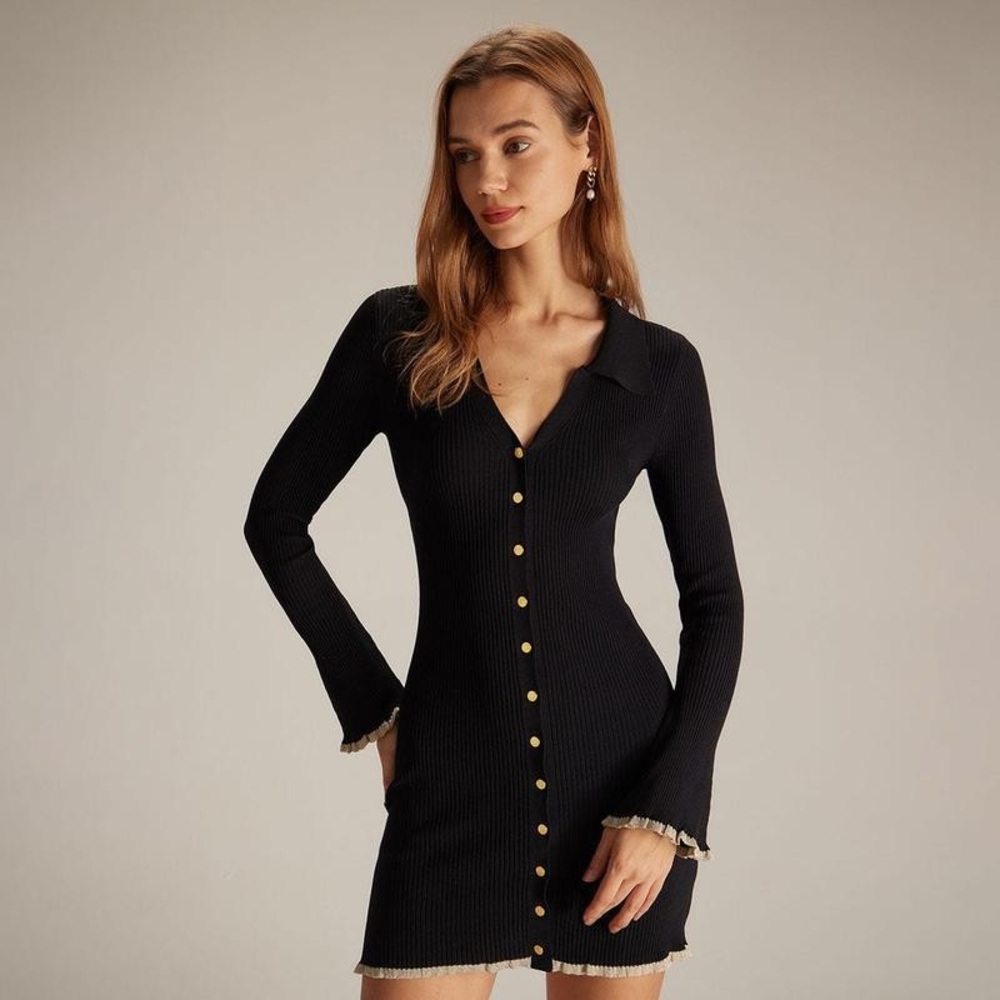 RIHOAS The Black V Neck Contrast Trim Knit Mini Dress